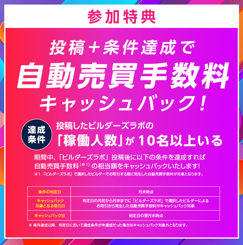 参加特典 投稿＋条件達成で 自動売買手数料 キャッシュバック！達成条件1 投稿したビルダーズラボの「稼働人数」が10名以上いる　達成条件2 投稿したビルダーズラボをキャプチャしてTwitterにツイートする