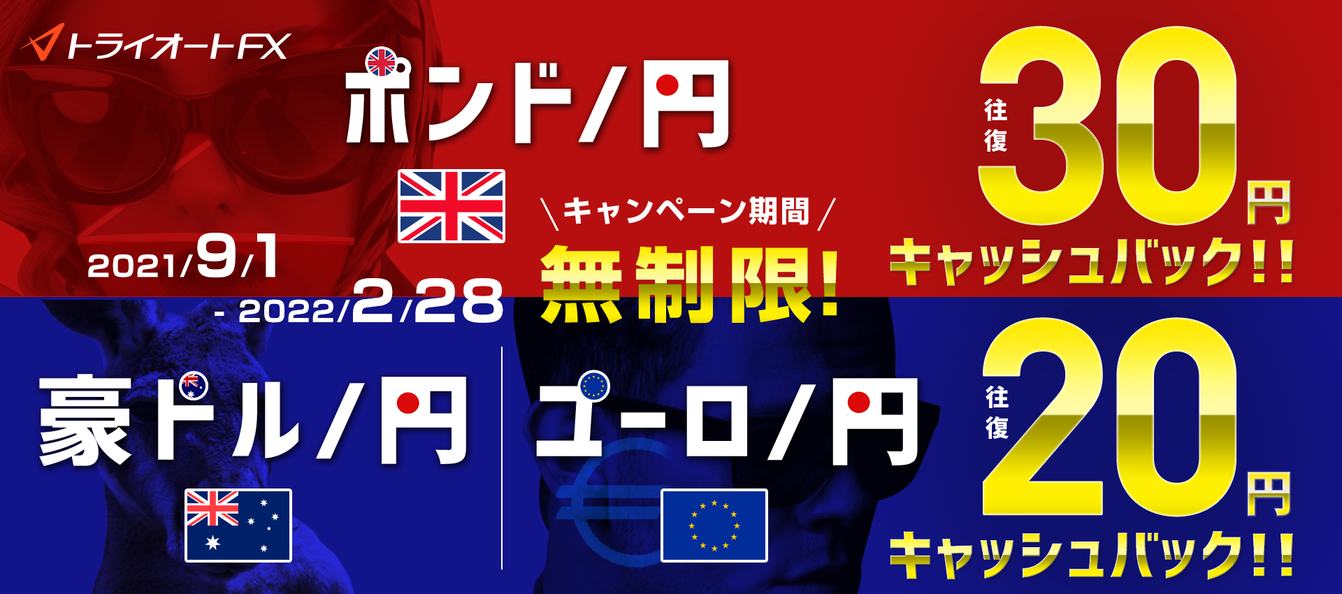 トライオートFX ポンド円・ユーロ円・豪ドル円取引キャッシュバックキャンペーン