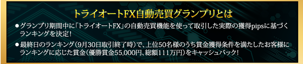 トライオートFX自動売買グランプリとは、グランプリ期間中にトライオートFXの自動売買機能を使って取引した時差いの獲得pipsに基づくランキングを決定